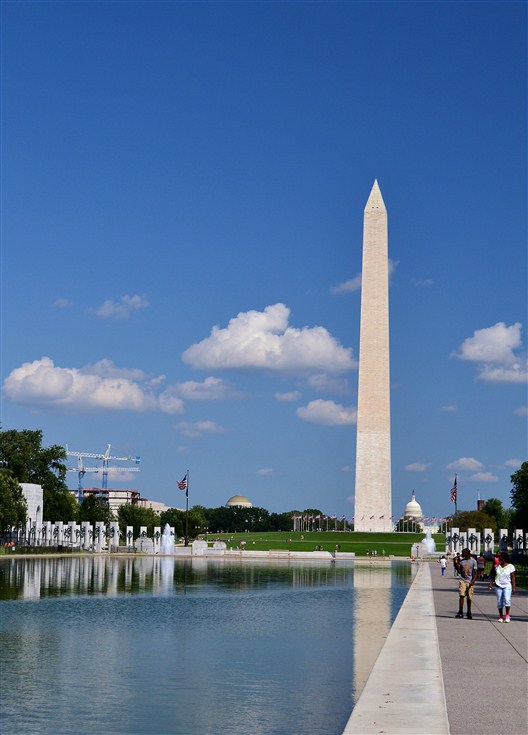 Washington Monument, WWII Memorial in foreground, Capitol Building in background